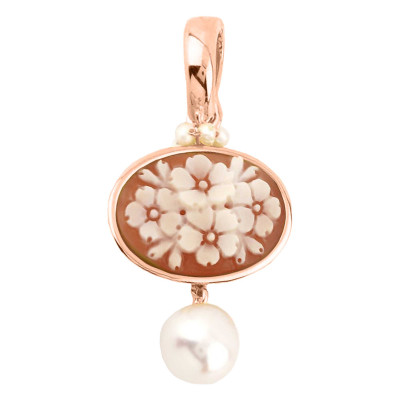 Pendentif Camée Floral Rose & Perles Blanches, Argent - Emanessence