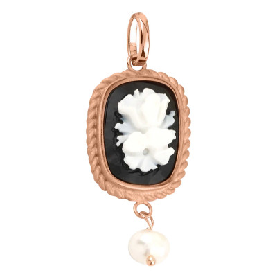 Pendentif Camée Noir Fleur et Perle, Argent Rose Doré - Emanessence