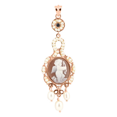 Pendentif Camée Cupidon & Perles Blanches, Argent Rose - Emanessence