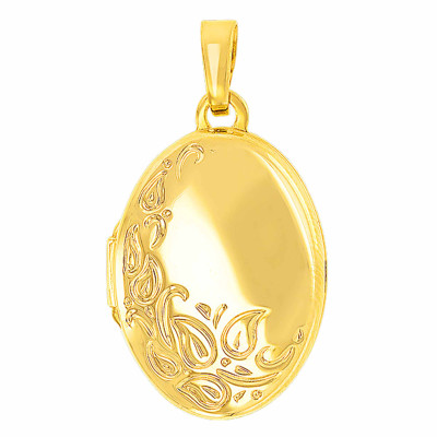 Pendentif photo ovale feuilles, Or jaune 375, 14x18mm - Emanessence