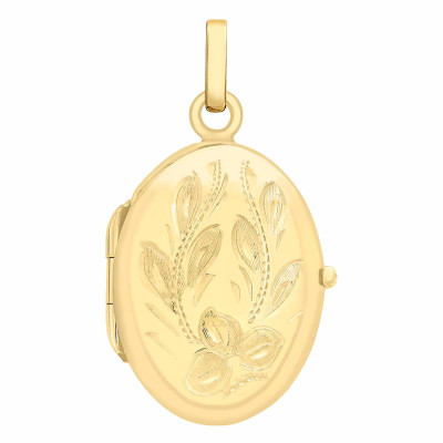 Pendentif Photo Motif Fleuri Ovale , Or Jaune 375, 17x28mm - Emanessence