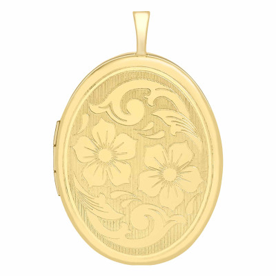 Pendentif Porte Photo Floral Ovale, Or Jaune 375, 20x32mm - Emanessence