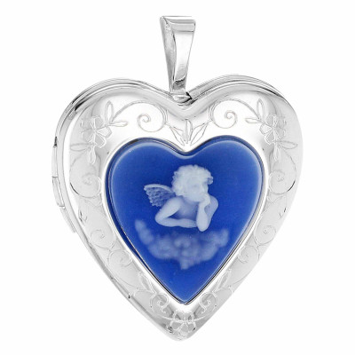 Pendentif Photo Coeur Camée motif Chérubin, Argent 925, 20x25mm - Artemis