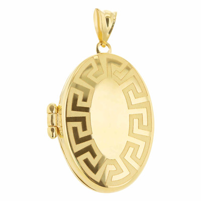 Pendentif Photo Ovale à motifs Grec, Or Jaune 375, 17x30mm - Emanessence