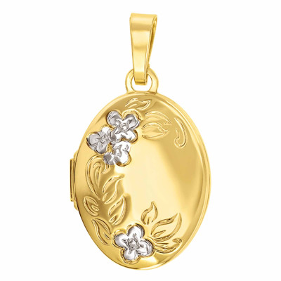 Pendentif photo ovale fleurs, 2 Ors 375, 16x21mm - Emanessence