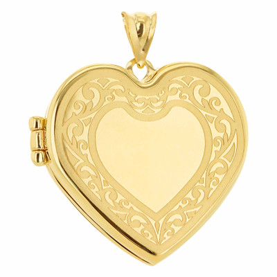 Pendentif Porte Photo Coeur à motifs, Or Jaune 375, 23x27mm - Emanessence