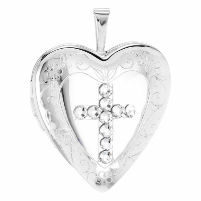 Pendentif Porte Photo Coeur Croix, Argent 925 & Cristaux, 20x25mm - Artemis