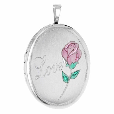 Pendentif Porte Photo Ovale "Love" & Rose, Argent 925, 20x32mm - Artemis