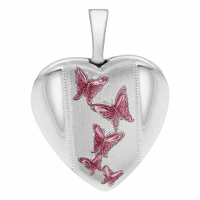 Pendentif Porte Photo Coeur Papillons Roses, Argent 925, 16x21mm - Artemis