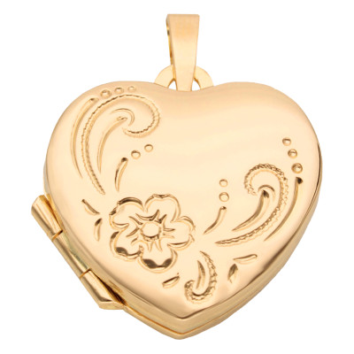 Pendentif Photo Coeur & Fleurs, Or Jaune 750, 18x19mm - Emanessence