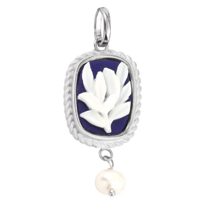 Pendentif Camée Bleu Fleur & Perle, Argent 925 - Emanessence