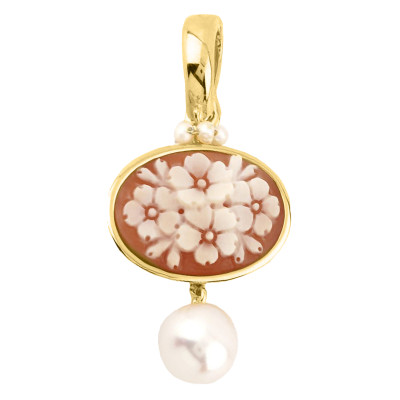 Pendentif Camée Floral Doré & Perles Blanches, Argent - Emanessence