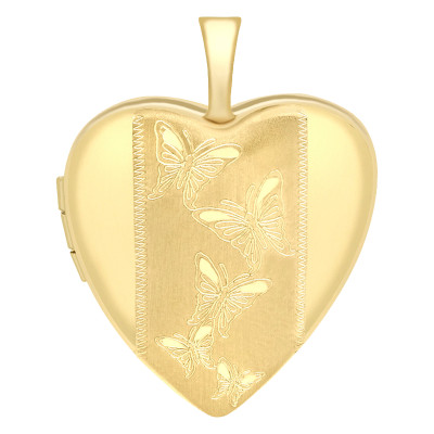 Pendentif Porte Photo Coeur à motifs Papillons, Or Jaune 375, 20x25mm - Emanessence