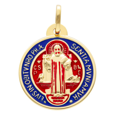 Médaille Saint Benoit Ronde, Or Jaune 750 & Email Bicolore, 14 ou 20 mm - Vandona