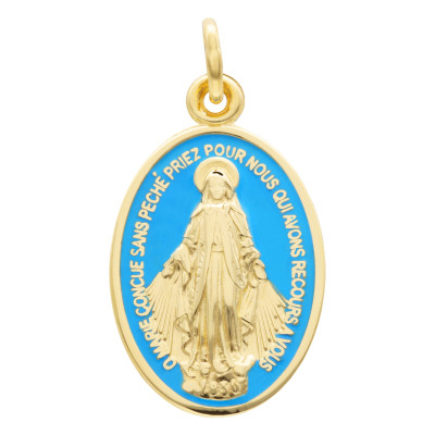 Médaille Miraculeuse Vierge Marie, Or Jaune 750 & Émail Bleu - Vandona