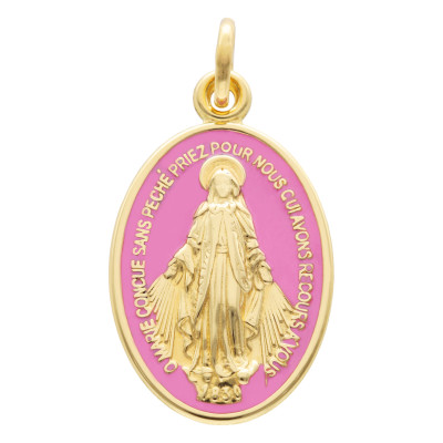 Médaille Miraculeuse Vierge Marie, Or Jaune 750 & Émail Rose - Vandona
