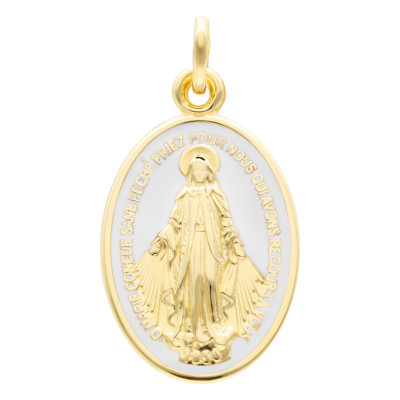 Médaille Miraculeuse Vierge Marie, Or Jaune 750 & Émail Blanc - Vandona