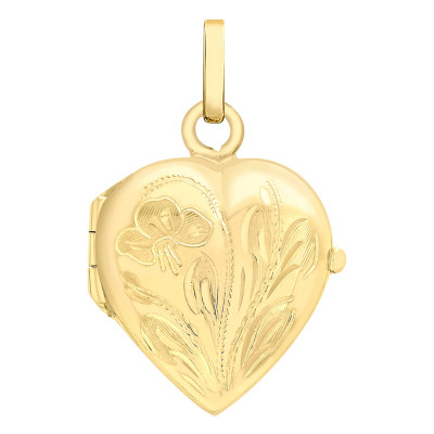 Pendentif Porte Photo Coeur & Motif Floral, Or Jaune 375, 16x25mm - Emanessence