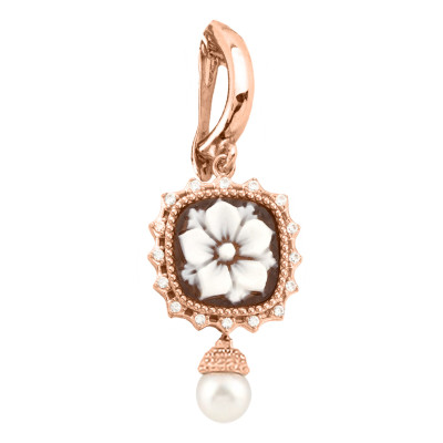 Pendentif Camée Fleur et Perles, Argent Rose Doré - Emanessence