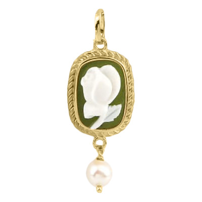 Pendentif Camée Vert Fleur & Perle, Argent Doré - Emanessence
