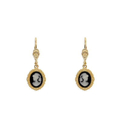Boucles d'Oreilles Camée, Plaqué Or & Résine Noire - Emanessence