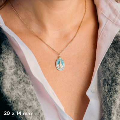 Médaille Miraculeuse Vierge Marie, Or Jaune 750 & Émail Bleu - Vandona