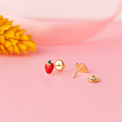 Boucles d'oreilles Fraises Emaillées, Or Jaune 750 - Bambins