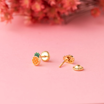 Boucles d'oreilles Ananas Emaillées, Or Jaune 750, 6,50x4mm - Bambins