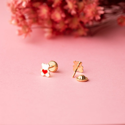 Boucles d'oreilles Ours & Coeur Émaillés, Or Jaune 750, 4,50x6mm - Bambins