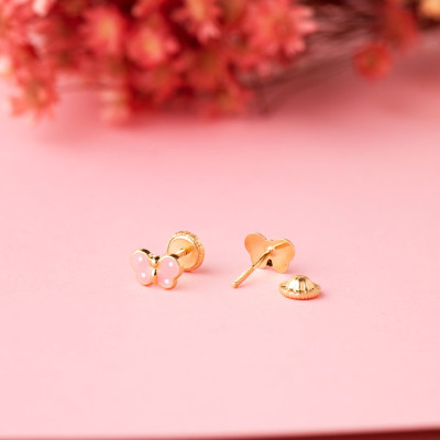 Boucles d'oreilles Papillons Roses Émaillés, Or Jaune 750, 4,50x7mm - Bambins