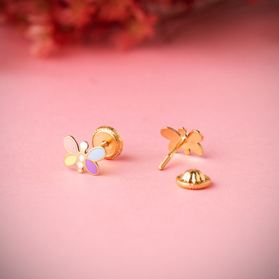 Boucles d'oreilles Libellules Émaillées, Or Jaune 750, 7x5mm - Bambins