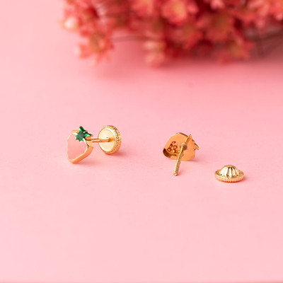 Boucles d'oreilles Fraises Émaillées, Or Jaune 750, 6x5mm - Bambins