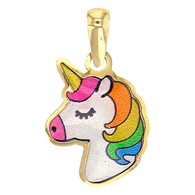 Pendentif Tête de Licorne, Email & Or Jaune 375 - Bambins