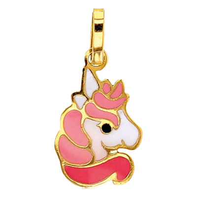 Pendentif Licorne Rose, Or Jaune 375 & Email - Bambins