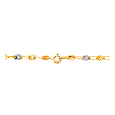 Gourmette Rectangle Bicolore, Maille Grain de Café, Or Jaune 375, 14 cm - Bambins