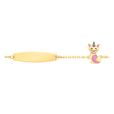 Gourmette Chat Licorne & Plaque ovale, Or jaune 375, 12 à 14cm - Bambins