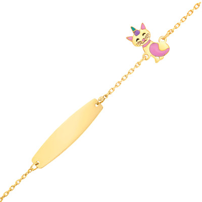 Gourmette Chat Licorne & Plaque ovale, Or jaune 375, 12 à 14cm - Bambins