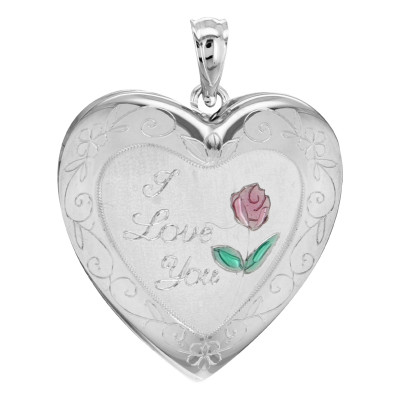 Pendentif Porte Photo Coeur "I Love You" & Rose, Argent 925, 30x24mm - Artemis
