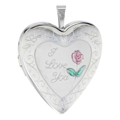 Pendentif Porte Photo Coeur Floral "I Love You", Argent 925, 20x25mm - Artemis
