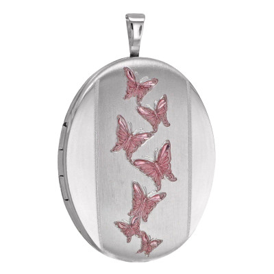 Pendentif Porte Photo Ovale Papillons Roses, Argent 925, 20x32mm - Artemis