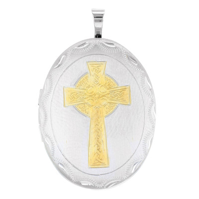 Pendentif Porte Photo Ovale Croix Celtique, Argent 925 Bicolore, 32x20mm - Artemis