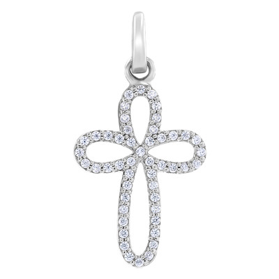Pendentif Croix Arrondie, Or Blanc 750 & Diamants, 14x10 mm - Allegoria