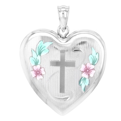 Pendentif Porte Photo Coeur Croix & motifs Fleurs, Argent 925, 30x24mm - Artemis
