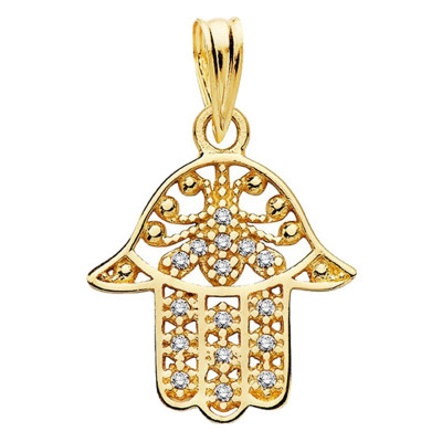 Pendentif Main de Fatma, Or Jaune 750 et Zircons, 14x17 mm - Lumiosa