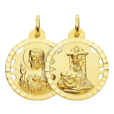 Médaille Scapulaire Vierge des Angoisses & Sacré Coeur de Jésus, Or Jaune 750, 22 mm - Lumiosa