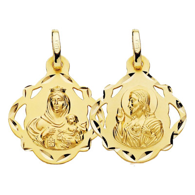 Médaille Scapulaire Vierge du Mont Carmel et Sacré Coeur de Jésus, Or Jaune 750, 16 mm à 24 mm - Lumiosa