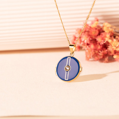 Pendentif Photo Zircon, Email Bleu & Or Jaune 750, 21mm - Lumiosa
