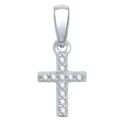 Pendentif Croix, Or Blanc & Diamants 0,04 ct, 6x13mm - Aurora