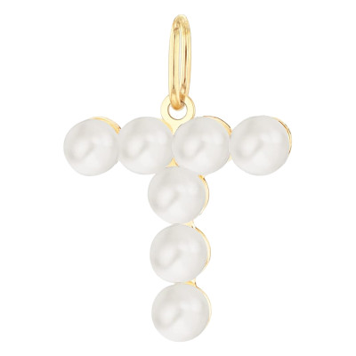 Pendentif Lettre T, Perles & Or jaune 375 - Emanessence