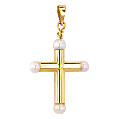 Croix Creuse Perles de Nacre, Or jaune 375, 20x25mm - Vandona